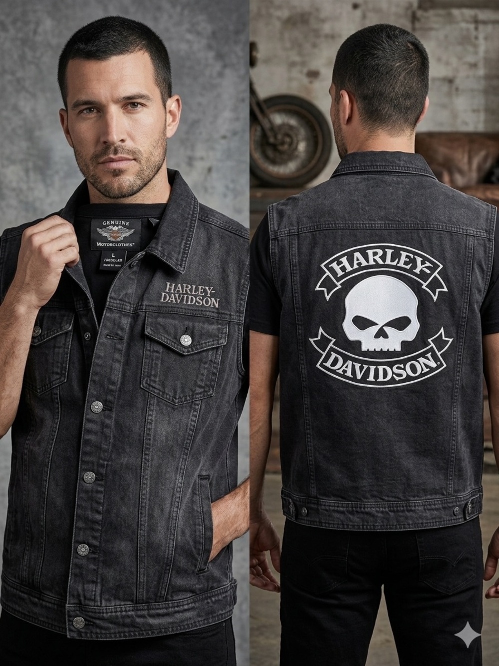 HarleyDavidson Willie G skull Denim Vest Mens Large Black Embroidered Biker Moto